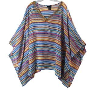 Lane Bryant Womens Sz 26/28 V-Neck Gold Beading Fairy Flowy Vacation Caftan Top